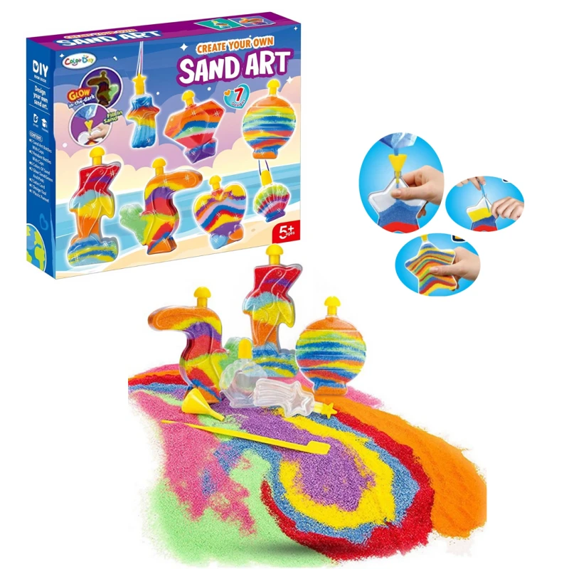Glow in the Dark Sand Art Kit for Kids 7 Clear Shape Bottles with 8 Sand Colors Including Fluorescent Sand Creative DIY Activity for Ages 5+